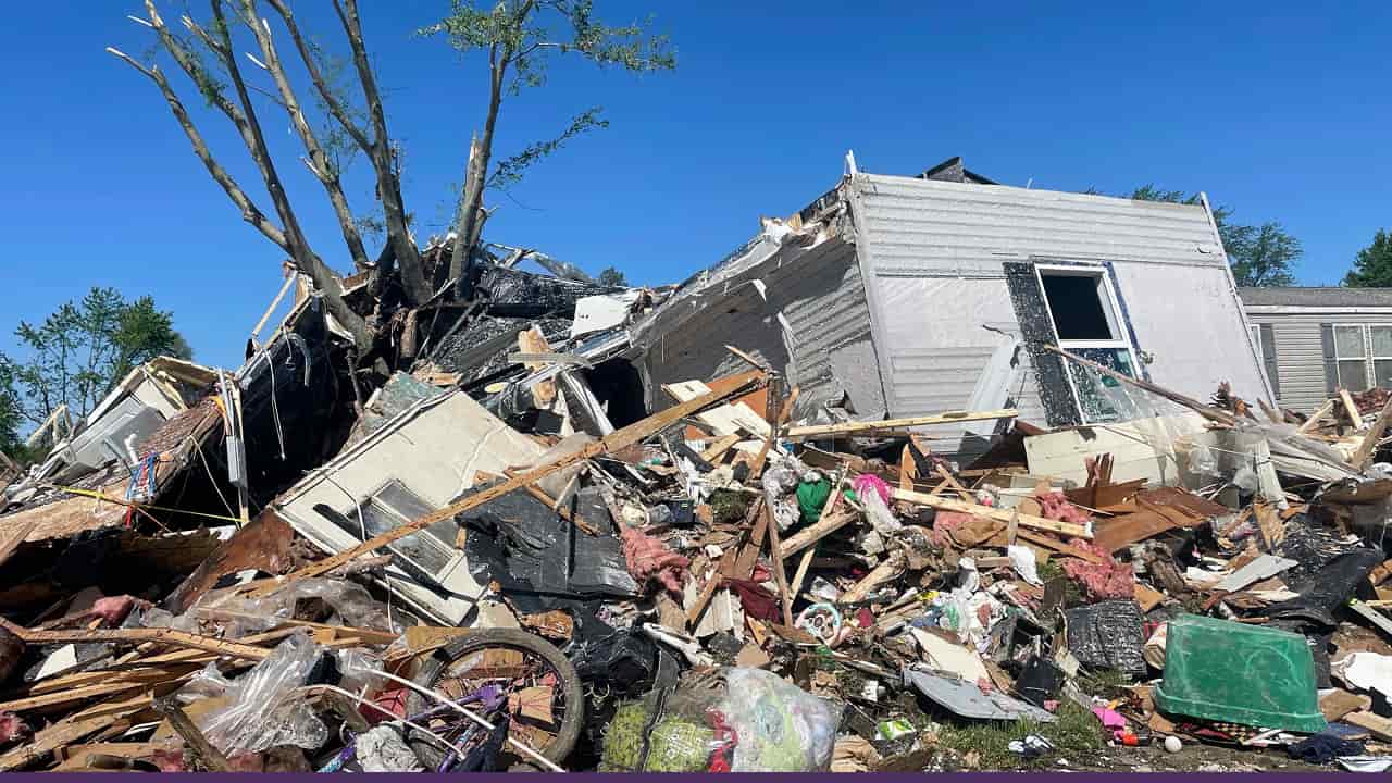 Destroyed homes and debris after powerful tornado hits residential area